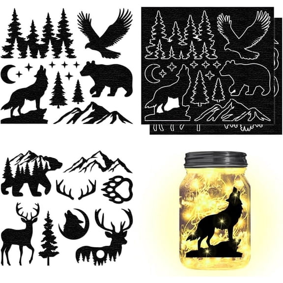 4Pcs Forest Silhouettes Animal Laser Cutouts Decals Bear Wolf Mason Jar Cutouts Ornaments Silhouettes Cutouts Scrapbook