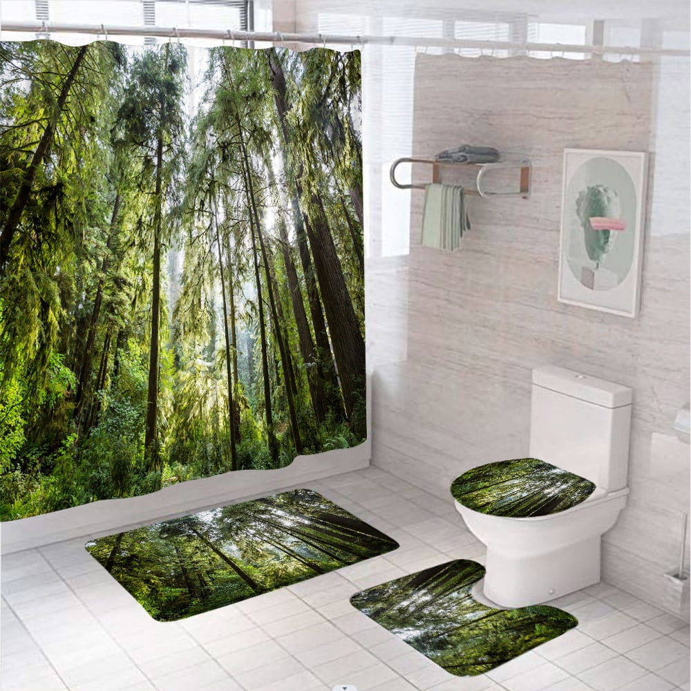 4Pcs Forest Woodland Shower Curtain Bathroom Set Natural Scenery Green