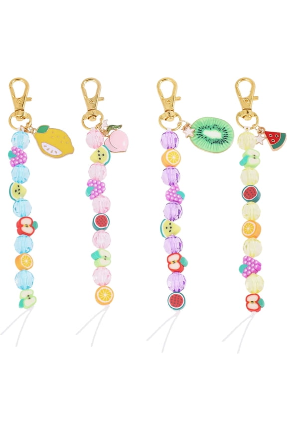 4Pcs Fruit Keychain Backpack Charm Key Pendant Accessories Key Ring Charm Handbag Purse Decorations Colorful Beads Key Chains For Women Gift Mixed Color