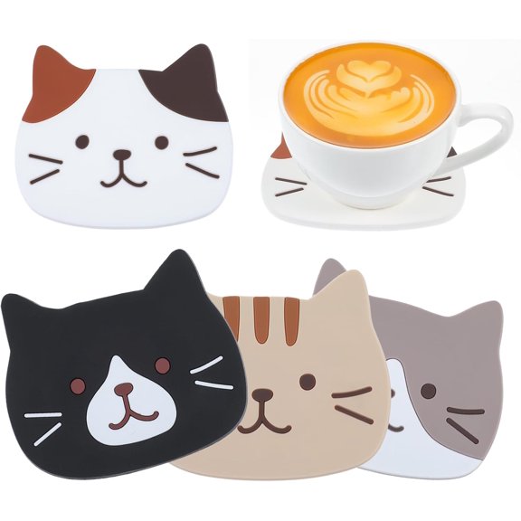 4Pcs Funny Cat Coasters for Drinks, Cute Cat Cup Holder, Silicone Small Coasters for Coffee Table Dinning Room Decorations Non Slip Hot Pads for Beverage Drink Tea Home Wedding Gift Idea
