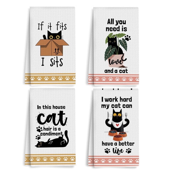 4Pcs Funny Cat Meme Kitchen Towels 28x16 Inch, Humorous Adorable Cats Absorbent Polyester Dish Cloth Tea Towel, Hand Towels for Kitchen Home Bathroom, Cat Lover Gifts
