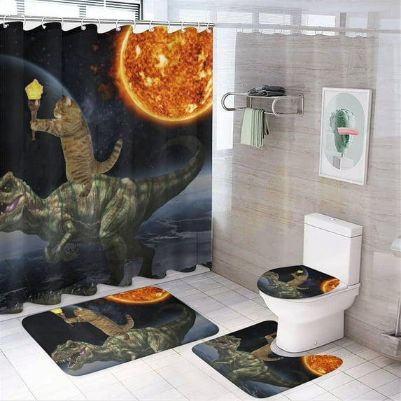 4Pcs Funny Cat Shower Curtain Sets Cute Cat Riding Dinosaur Cat Shower Curtain Set Polyester Fabric Waterproof 72"x72"