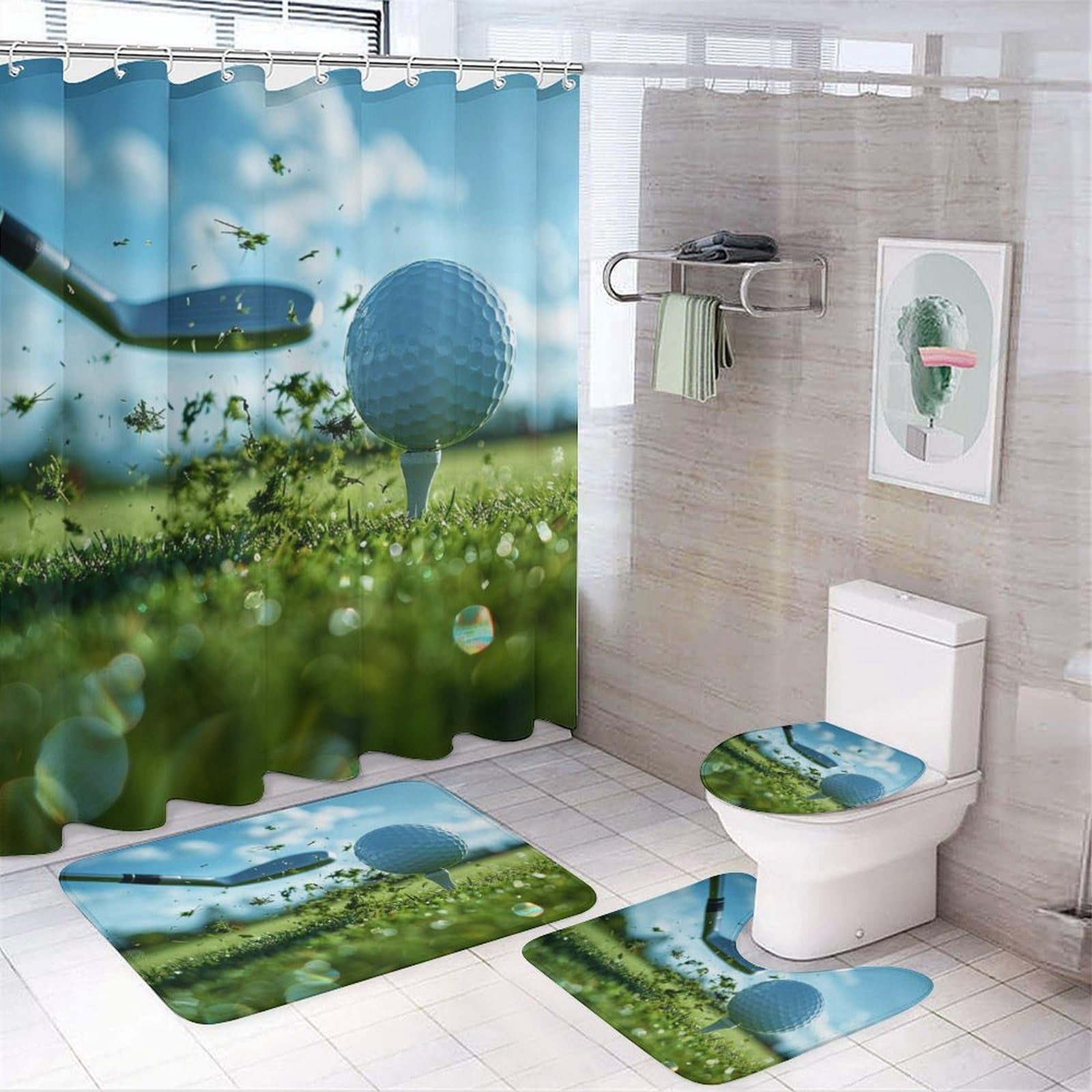 4Pcs Funny Golf Sport Shower Curtain Sets, Bathroom Decor Set with Rugs, Bath Mat Woodland Grassland Golf Ball Shower Curtain, 72 X 72 Inch