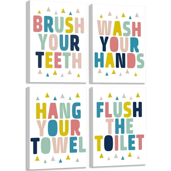 4Pcs Funny Kids Bathroom Canvas Wall Art Toddler Kids Boys Girls Baby Poster Prints for Nursery Toilet Bathroom Washroom Rules Word Pictures Wall Decor