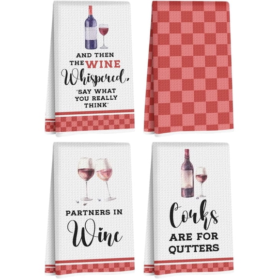 4Pcs Funny Kitchen Towels 18x26 Inch, The Wine Whispered, Red Checkered Hand Towels for Kitchen Home, Absorbent Soft Dish Cloth Tea Towel, Wine Lovers Gifts for Women