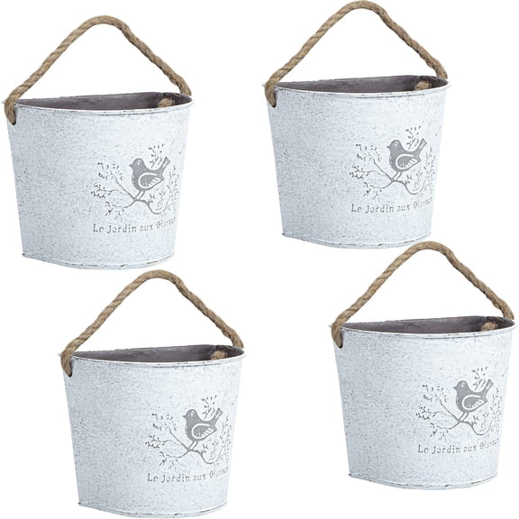 4Pcs Galvanized Metal Wall Planter- Wall Hanging Bucket Vintage Rustic Flowers Vase Planter Holder with Rope for Home Wall Decor or Plants Flowers Growing (5.5'')