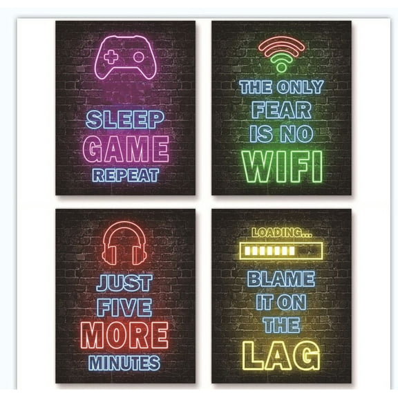 4Pcs Gaming Wall Decals Stickers Decor Set, 12"X8" Cool Gaming Decor for Men Teens, Rustic Gaming Art Poster for Bedroom, Man Cave, Or Playroom Wall,Easy Apply & Remove, By VINOIC