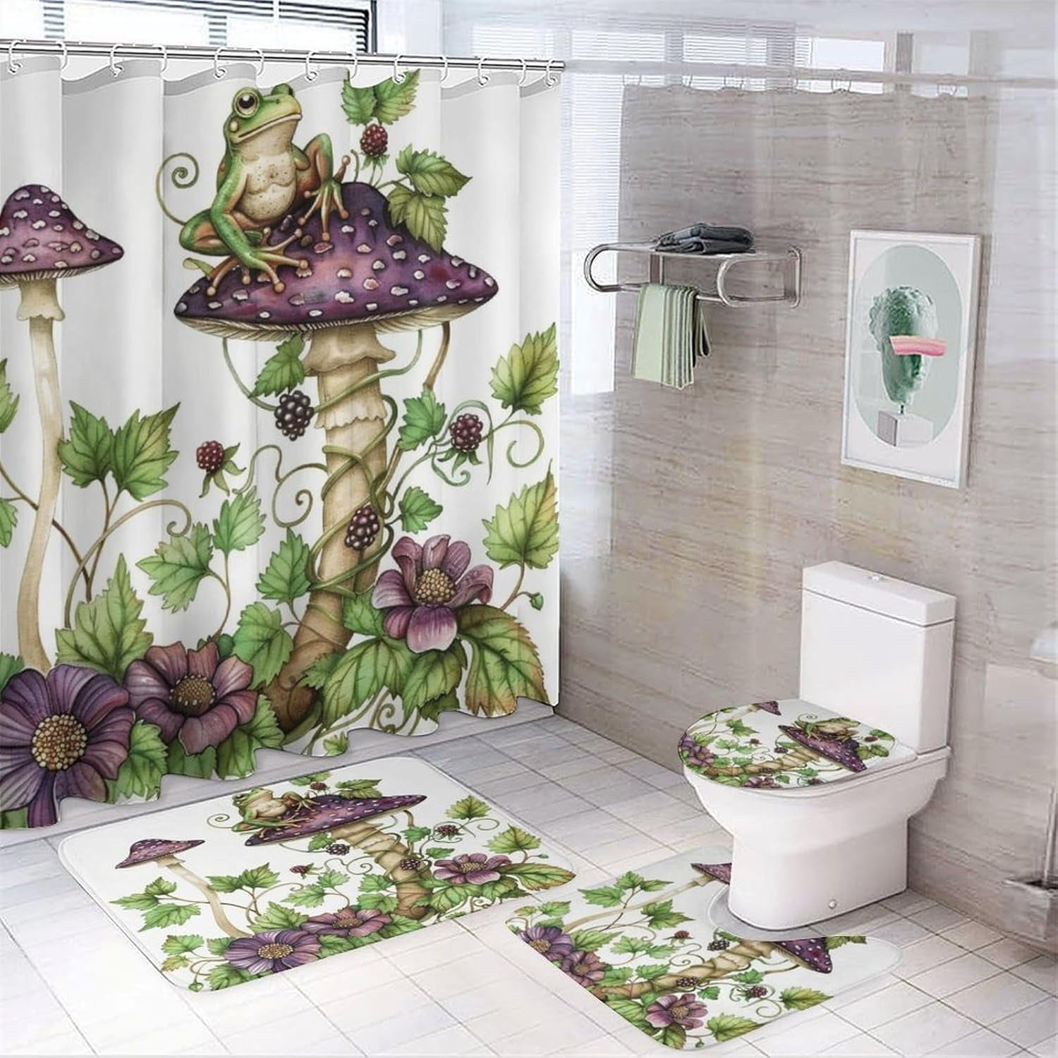 4Pcs Garden Mushroom Frog Shower Curtain Sets Bathroom Decor, Novelty Plant Floral Shower Curtain with Non Slip Rug, Toilet Lid Cover, Bath Mat and 12 Hooks 72W x 72L