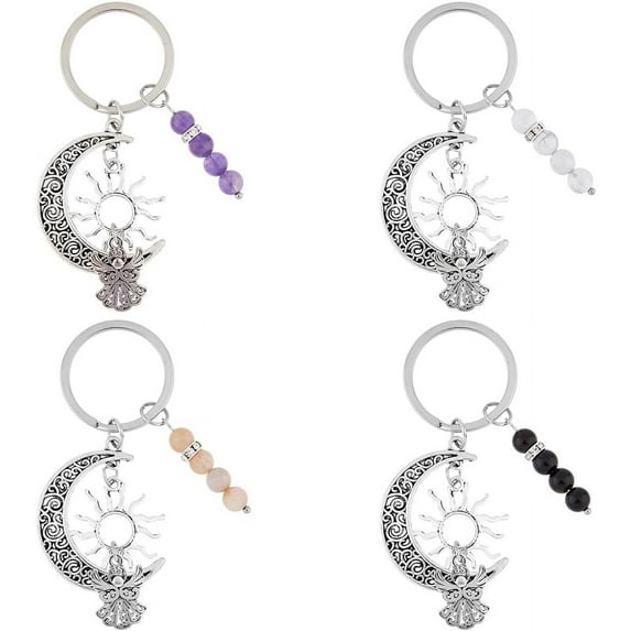 4Pcs Gemstone Round Beaded Keychain 4 Colors Stone Beads with Tibetan Alloy Moon Sun Angel Pendant Keyring for Car Key Backpack 85mm DIY