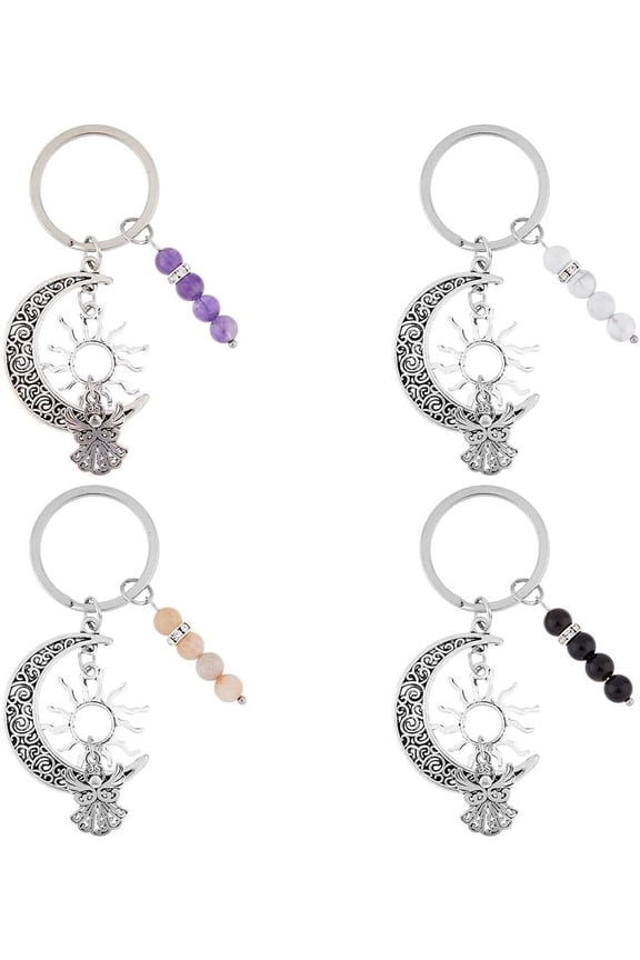 4Pcs Gemstone Round Beaded Keychain 4 Colors Stone Beads with Tibetan Alloy Moon Sun Angel Pendant Keyring for Car Key Backpack 85mm DIY