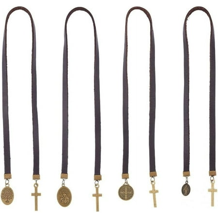 4Pcs Genuine Leather Bookmark 18.11 inch Antique Brown Bible Leather Book Mark Tree of Life Cross Vintage Metal Charm Bookmark for Women Men Book Lovers