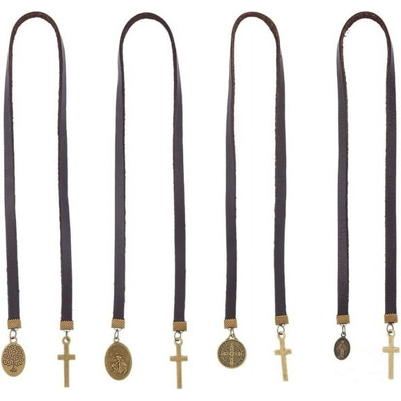 4Pcs Genuine Leather Bookmark 18.11 inch Antique Brown Bible Leather Book Mark Tree of Life Cross Vintage Metal Charm Bookmark for Women Men Book Lovers