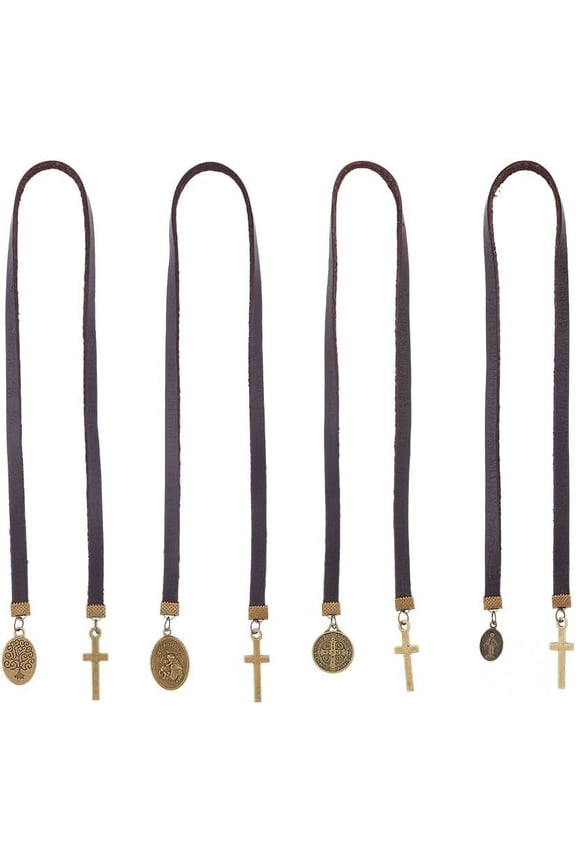 4Pcs Genuine Leather Bookmark 18.11 inch Brown Bible Leather Book Mark Tree of Life Vintage Metal Charm Bookmark for Women Men Book Lovers