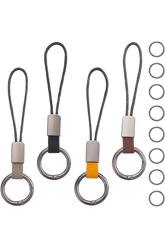 4Pcs Genuine Leather Keyring with Strap Short Lanyard Car Keychain Finger Ring Clips Connectors Adapter Connection Rope Strap for Small Electronic Devices MP3 Player Keys (Mixed Color)Mixed Color