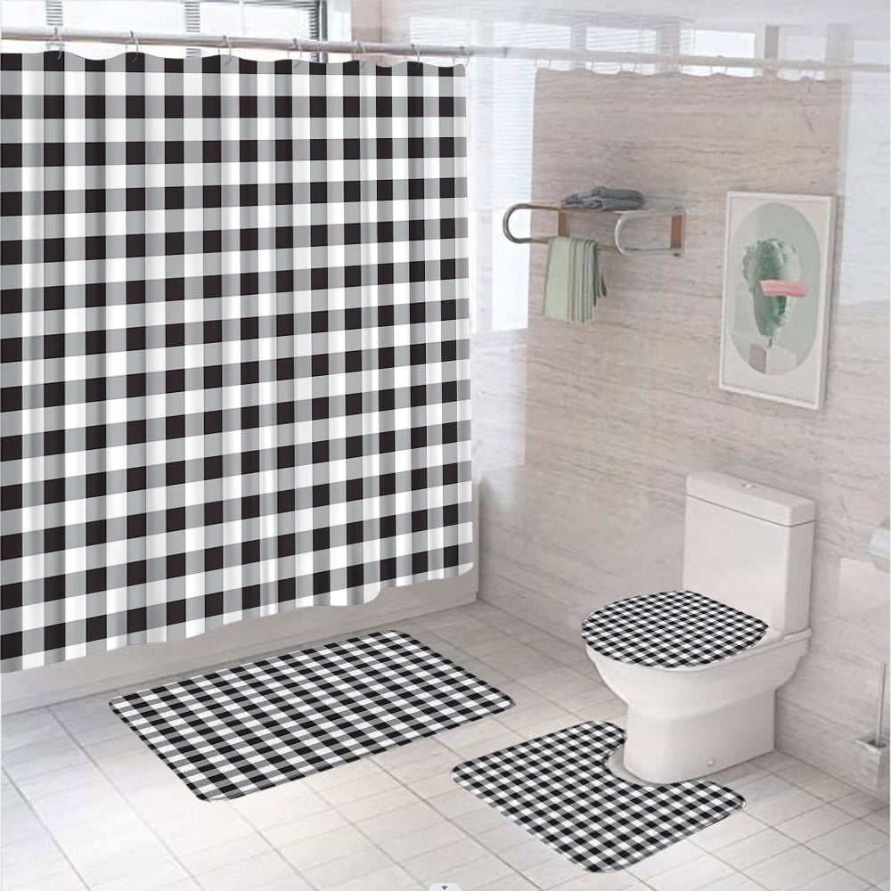 4Pcs Geometric Plaid Shower Curtain Sets Modern Buffalo Check Boho