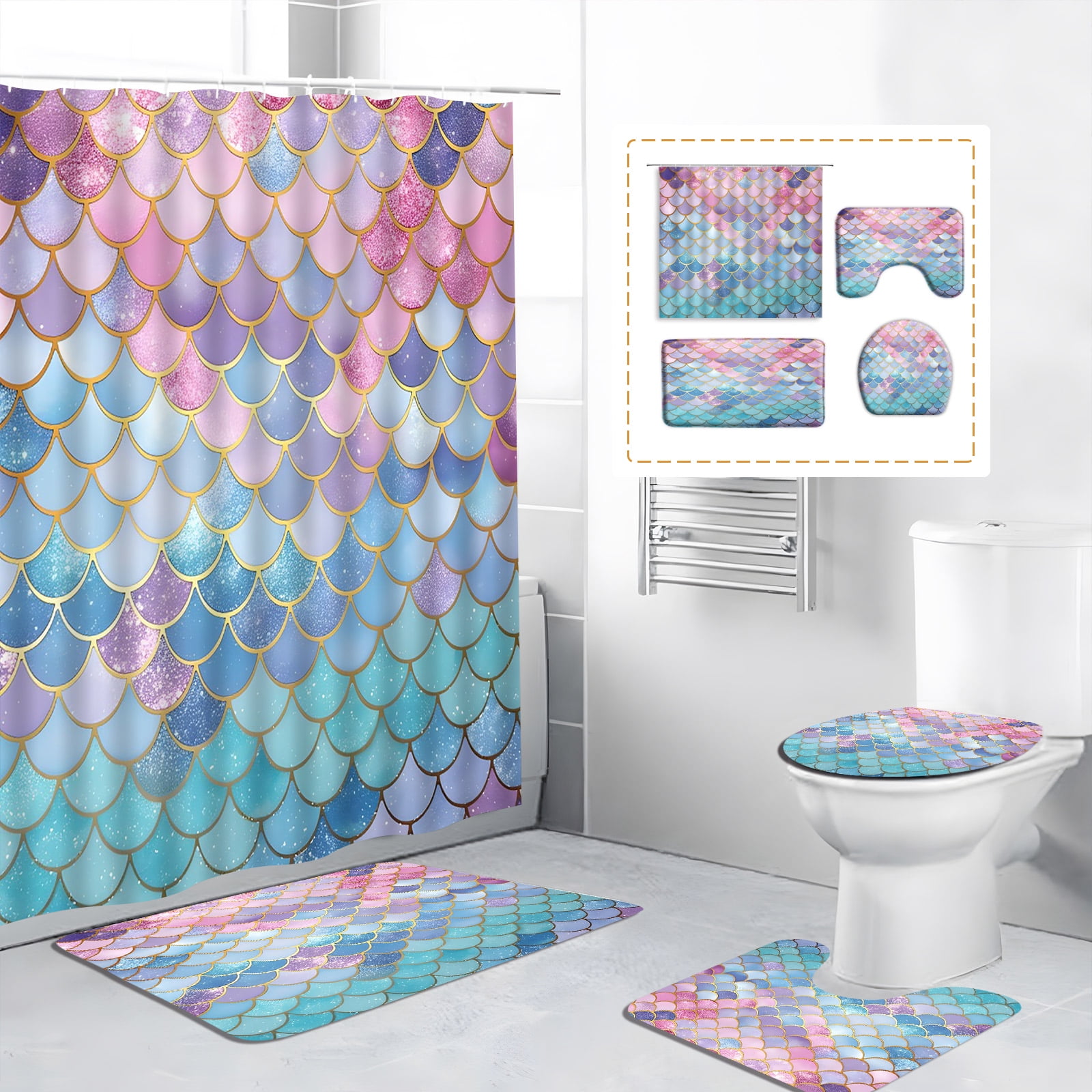 4Pcs Geometric Shower Curtain Set Modern Mid Century Simple Colourful