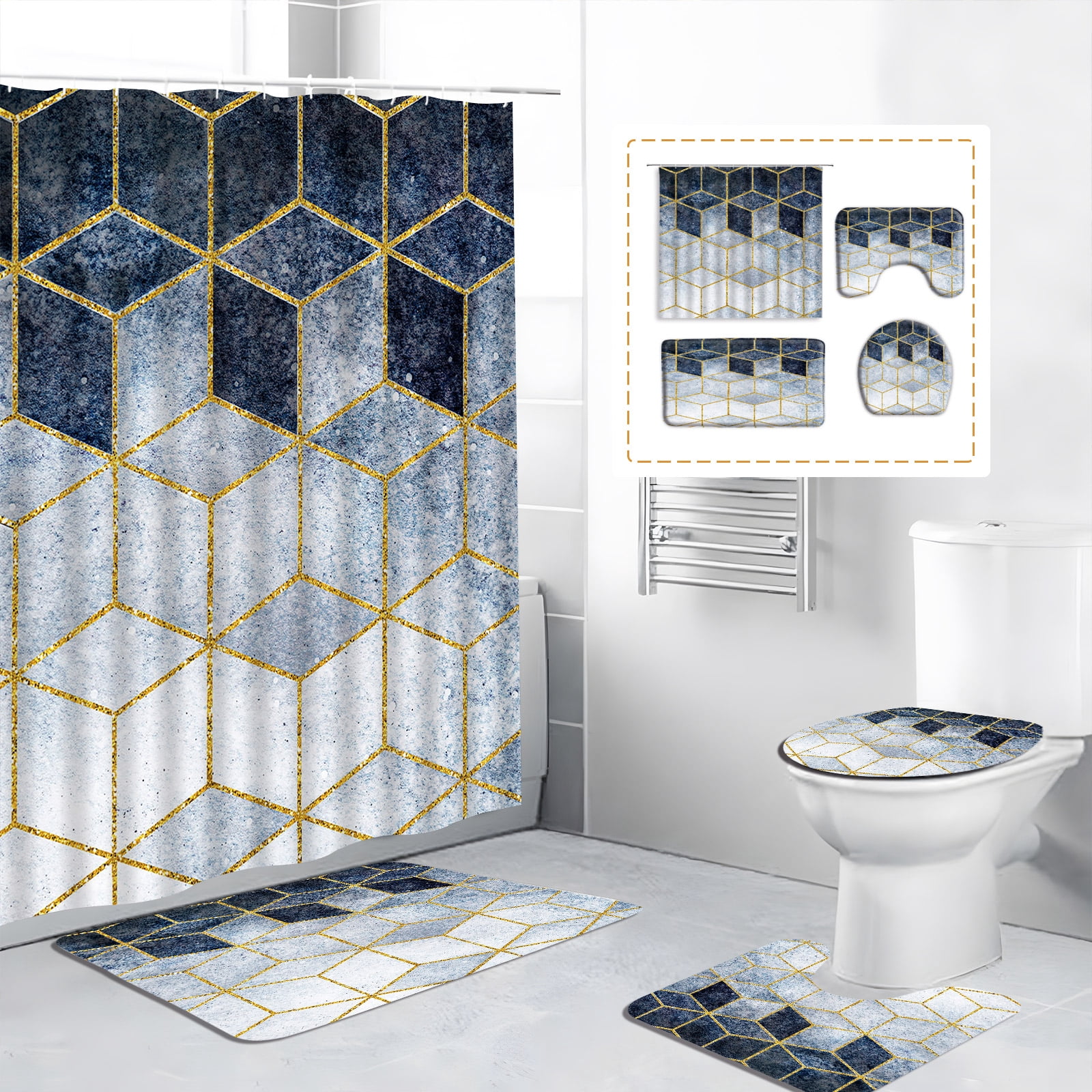 4Pcs Geometric Shower Curtain Set Modern Mid Century Simple Colourful Scandinavian Abstract ...
