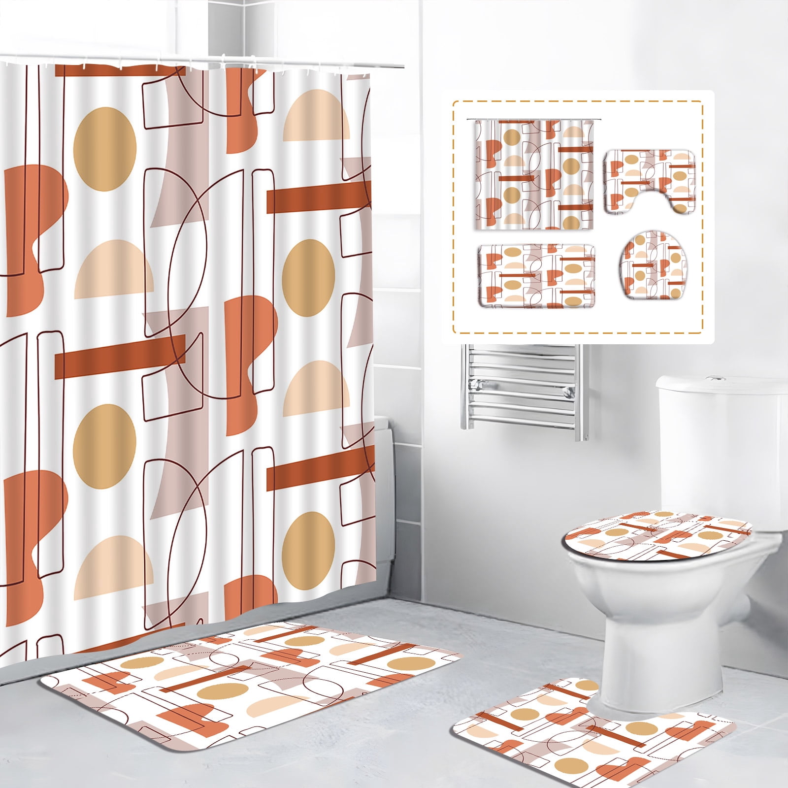 4Pcs Geometric Shower Curtain Set Modern Mid Century Simple Colourful Scandinavian Abstract ...
