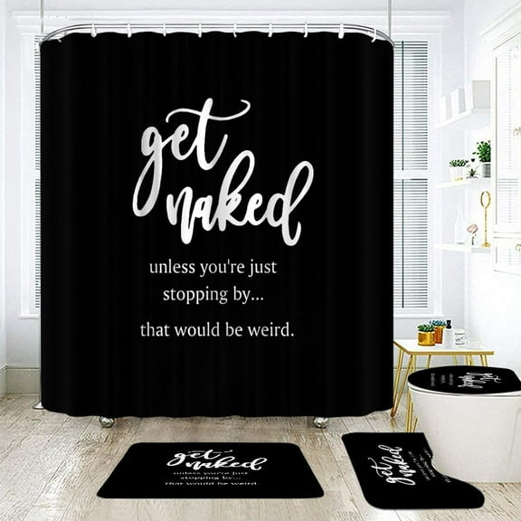 4Pcs Get Naked Shower Curtain Sets,Funny Quotes Pink Black Cute Words Fashion Modern Cool Artwork  Bathroom Curtain with 12 Hooks Bath Mat,Toilet Seat Cover, U-Shaped Toilet