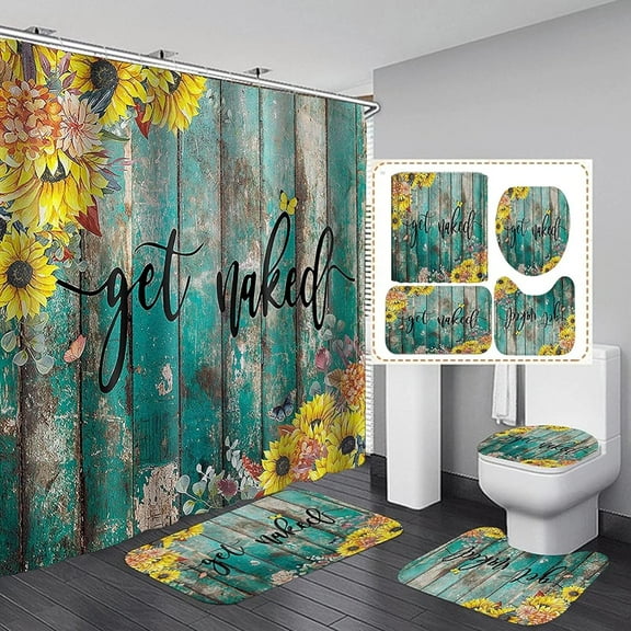 4Pcs Get Naked Sunflower Shower Curtain Sets Floral Green Bathroom Set Decor with Non-Slip Rugs Bath U-Shaped Mat Toilet Lid Cover Country Flower Bathroom Curtains Shower Set with 12 Hooks