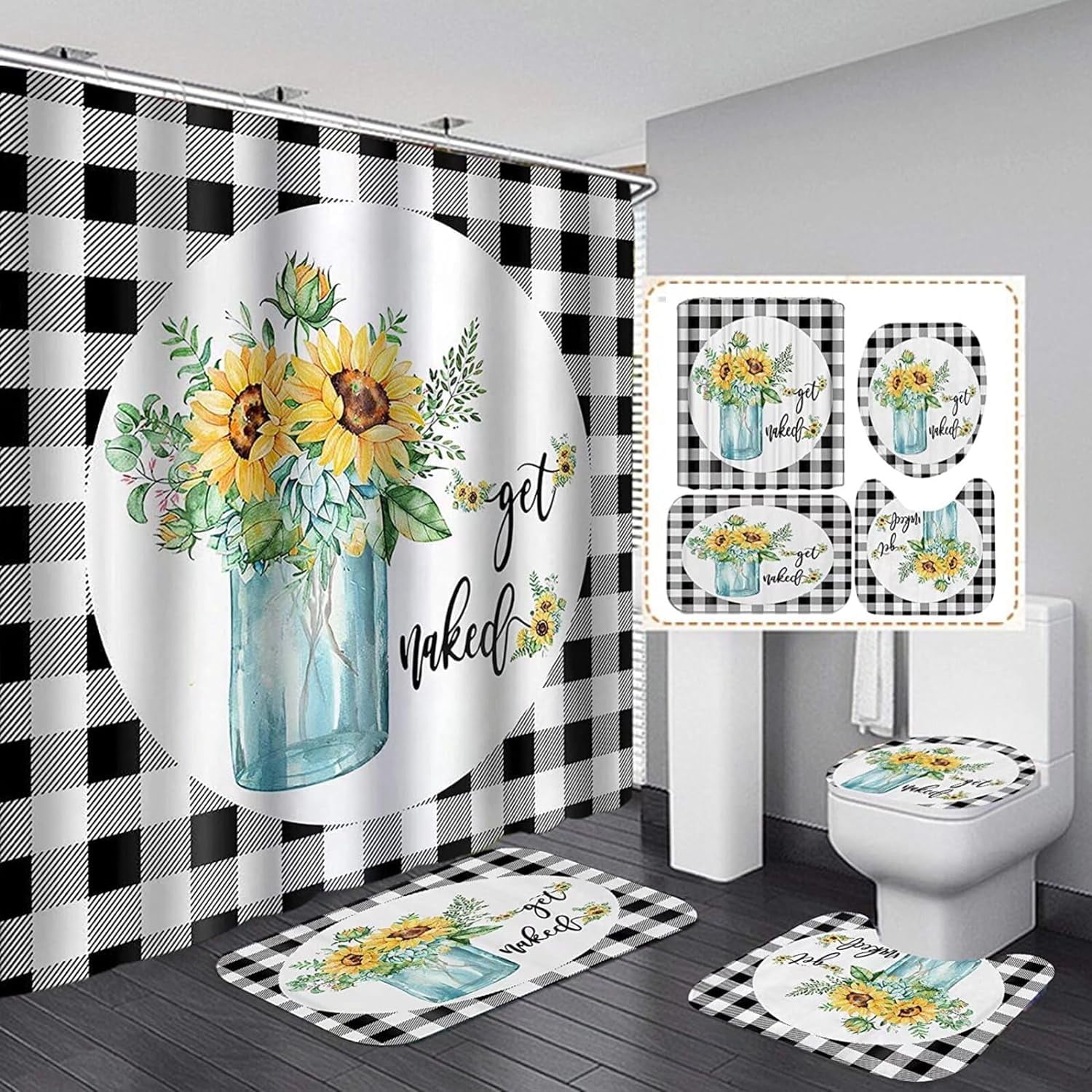 4Pcs Get Naked Sunflower Shower Curtain Sets Floral Green Bathroom Set Decor with Non-Slip Rugs Bath U-shaped Mat Toilet Lid Cover Country Flower Bathroom Curtains Shower Set with 12 Hooks