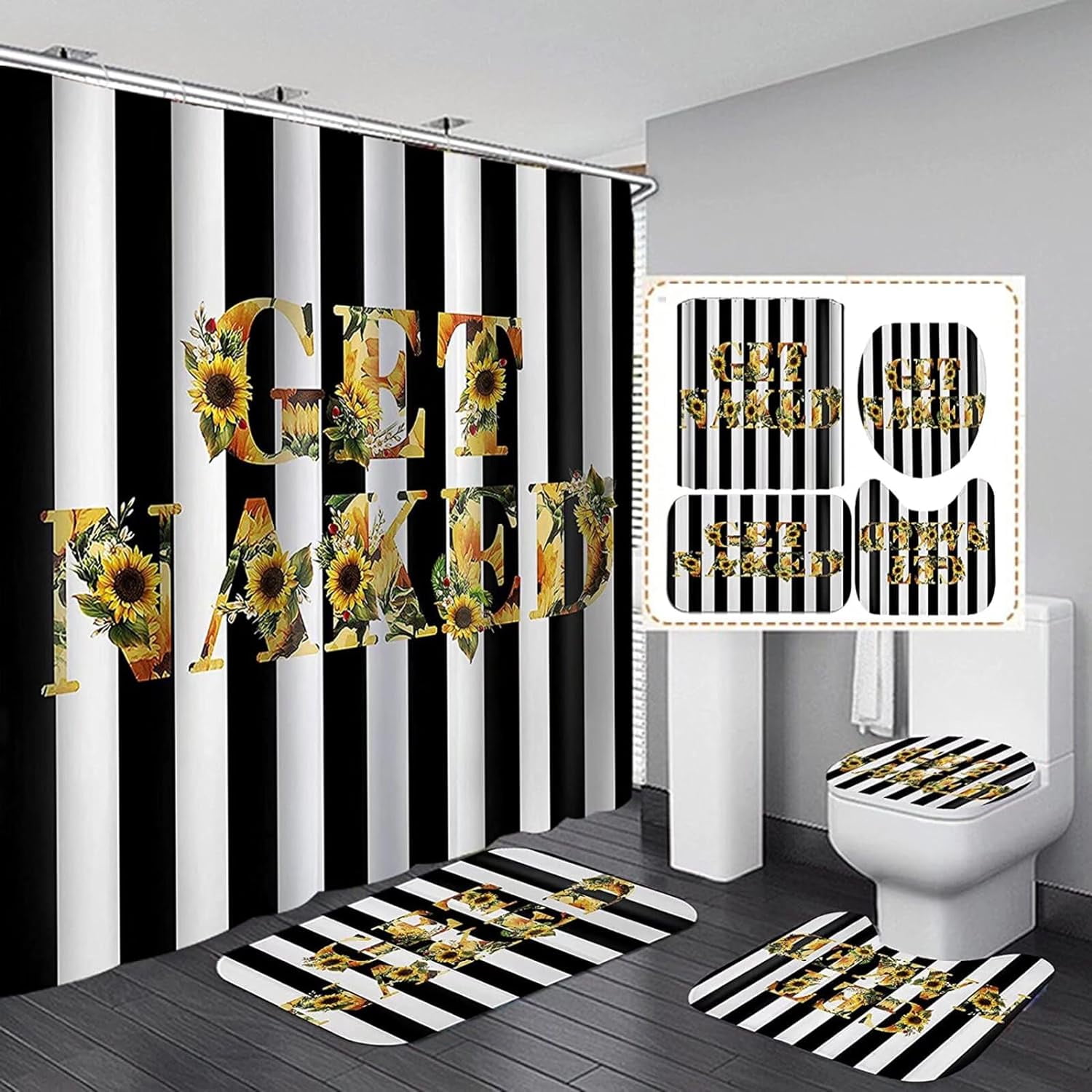 4Pcs Get Naked Sunflower Shower Curtain Sets Floral Green Bathroom Set Decor with Non-Slip Rugs Bath U-shaped Mat Toilet Lid Cover Country Flower Bathroom Curtains Shower Set with 12 Hooks
