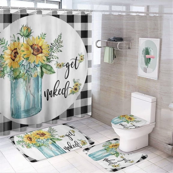 4Pcs Get Naked Sunflower Shower Curtain Sets Floral Plaid Bathroom Set Decor with Non-Slip Rugs U-Shaped Mat Toilet Lid Cover