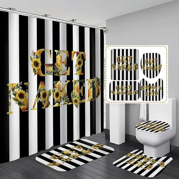 4Pcs Get Naked Sunflower Shower Curtain Sets Floral Striped Bathroom Set Decor with Non-Slip Rugs Bath U-Shaped Mat Toilet Lid Cover Flower Bathroom Curtains Shower Set with 12 Hooks