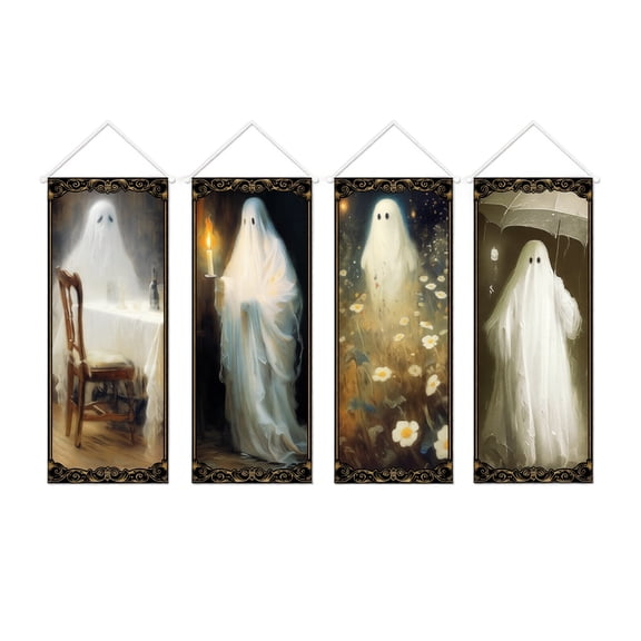 4Pcs Ghost Wall Banner, Halloween Vintage Ghost Scroll Wall Hanging Banners Pack of 4 Gothic Oil Painting Aesthetic Spooky Floating Apparition Canvas Art Poster Room Decor, Black