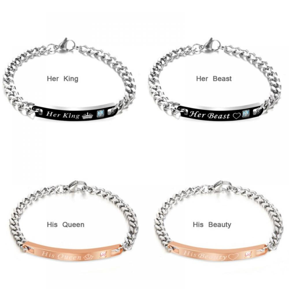 4Pcs Gift for Lover His Queen Her King Stainless Steel Couple Bracelets