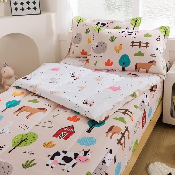 4Pcs Girl Zip Up Bedding Twin for Girls Farm Animal Comforter Set Kids All in One Zipper Bedding