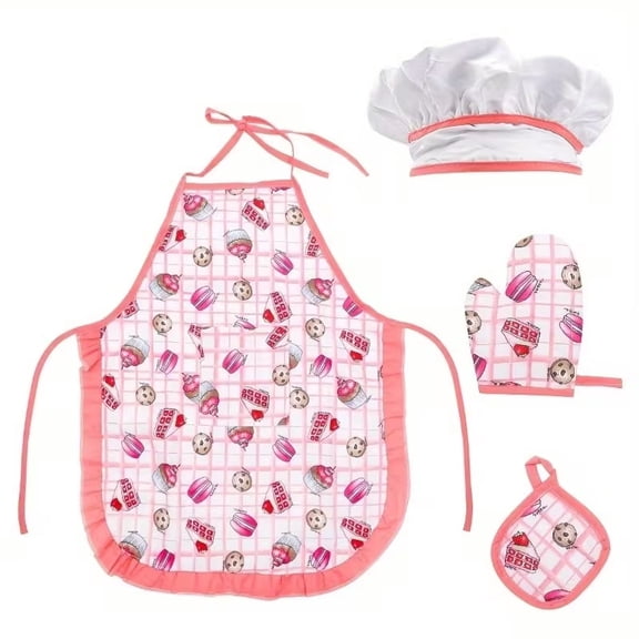 4Pcs Girls Baking Chef Set with Macaron Apron, Hat, Glove and Mitt for Cooking Baking