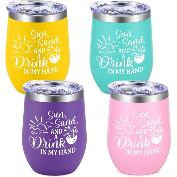 4Pcs Girls Trip Gifts Favors, Beach 12oz Stainless Steel Wine Tumbler with Lid & Straw, Girls Weekend Trip Gifts Favors for Friends Sister Women Vacation Party(Multicolor)