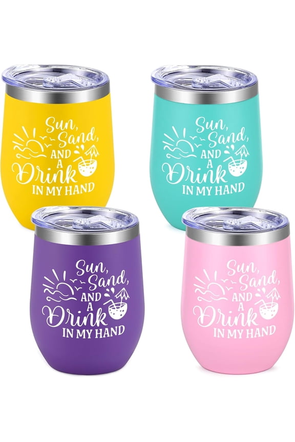 4Pcs Girls Trip Gifts Favors, Beach 12oz Stainless Steel Wine Tumbler with Lid & Straw, Girls Weekend Trip Gifts Favors for Friends Sister Women Vacation Party(Multicolor)