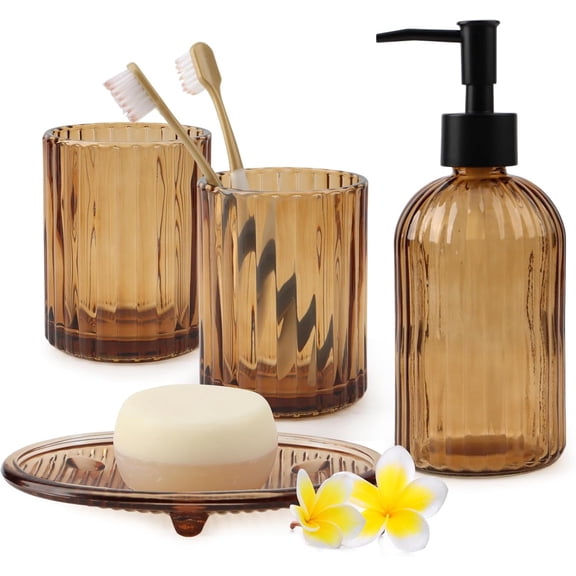 4Pcs Glass Bathroom Accessories Set, Amber Bathroom Set Glass Bathroom Decor Set with Complete Lotion Soap Dispenser