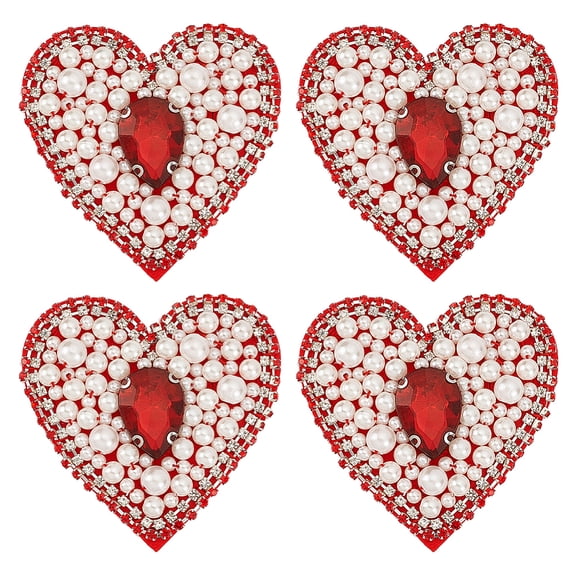 4Pcs Glass Rhinestone Beaded Sew on Heart Patches Embroidery Eye Appliques Badges with Plastic Imitation Pearl Red 68x68.5x8.5mm DIY