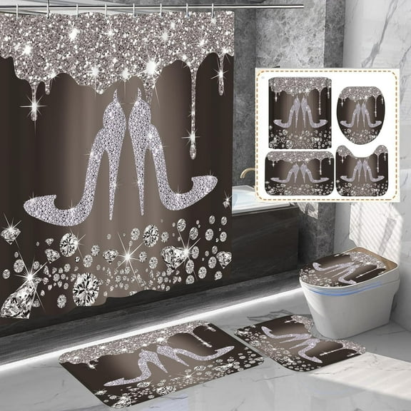 4Pcs Glitter Diamond Shower Curtain Sets,Black high heels Bathroom Sets with Shower Curtain and Mats,Bathroom Decor Mat Toilet Lid Cover and Non-Slip U Shape Mat with 12 Hooks, 72"x72"