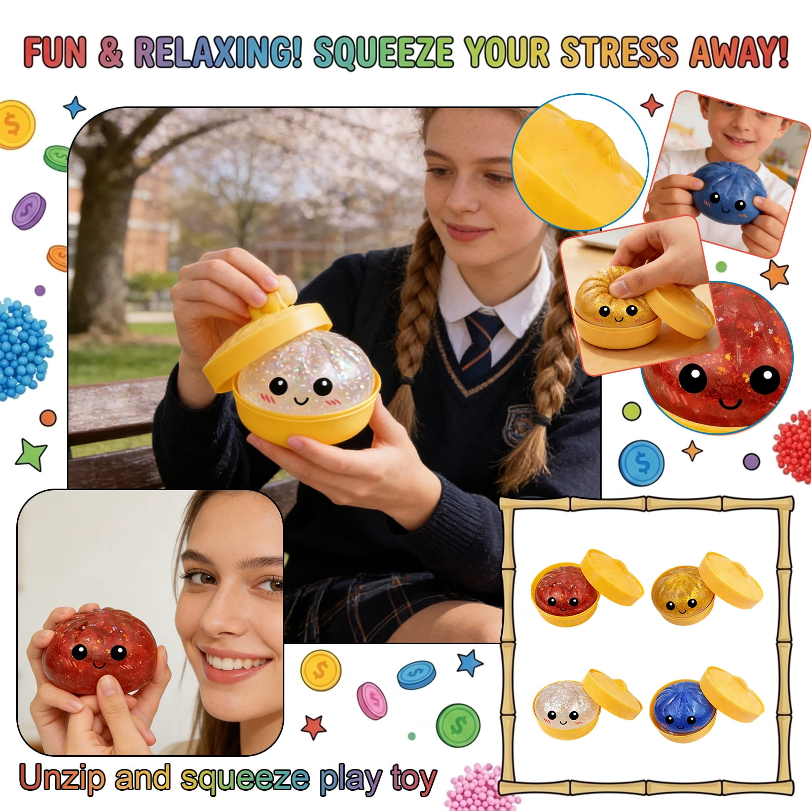 4Pcs Glitter Dumpling Squishy Random Color, Cute Squishy Dumpling Large, Squishy Dumpling Doll with Cute Expressions, Silicone Bun Sensory Fidget Dolls, Hand Pinching Decompression Dolls