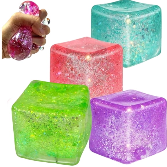 4Pcs Glitter Squishy Cube - Fidget Toys, Slow Rise Stress Cubes for Adults, Ice Cube Squishy Malt Sugar Stress Balls for Anxiety Relief
