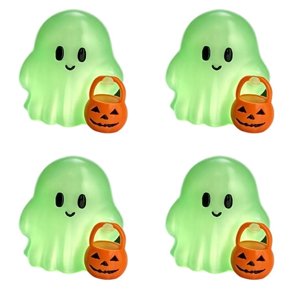 4Pcs Glow‑in‑Dark Ghost Figurines,1.54in 3D Printed Halloween Table Decor with Pumpkin Bucket,Indoor Holiday Shelf Ornament