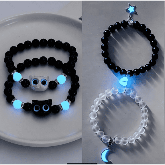 4 Pcs Glow-in-the-Dark Cat Bracelets: Cute Beaded & Resin Jewelry. Comfortable, Well-Fitting Gifts
