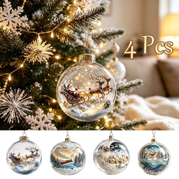 4Pcs Glowing Christmas Story Ornament, Light‑Up Mini Holiday Scene,Xmas Ball Ornaments with Warm LED Light for Tree Mantel, Holiday Scene Christmas Decoration & Gift, 3.15In