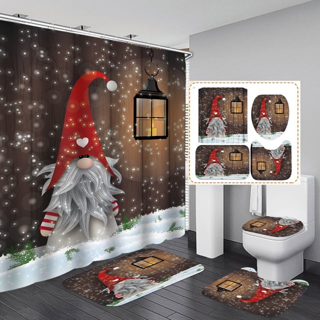 4Pcs Gnome Christmas Shower Curtain Sets for Bathroom, Christmas Gnome ...