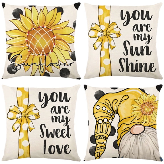 4Pcs Gnome Throw Pillow Covers 18 x 18 inch Summer Cushion Cases Porch Decor, Sunflower Pillow Covers,Summer Decorations for Home