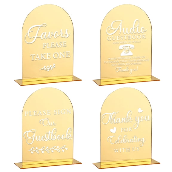 4Pcs Gold Acrylic Guest Book Sign Wedding Sign with Stand 5x7" Arch Acrylic Wedding Reception Sign Thank You for Celebrating with Us Sign,