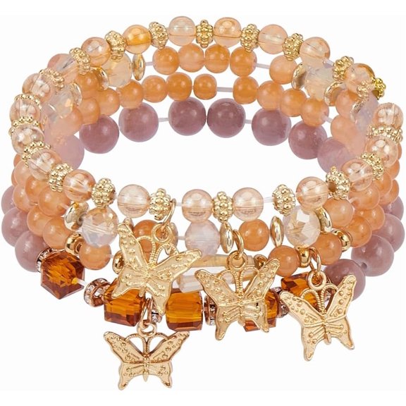 4Pcs Gold Beaded Boho Bracelet Sets Stackable Stretch Bracelet Butterfly Stone Pendant Stack Beads Bracelet Colorful Charms Jewelry for Summer Beach Party Supplies Women Colorful