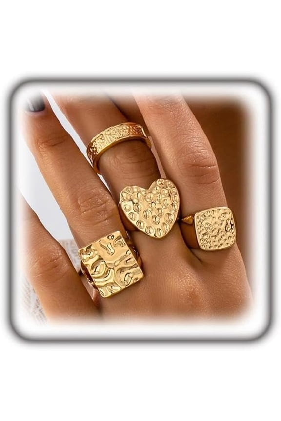 4Pcs Gold Chunky Stackable Ring Set for Women, Y2k Vintage Geometric Hammered Heart  Ring Trendy Personalized Statement Jewelry Punk Party Gifts