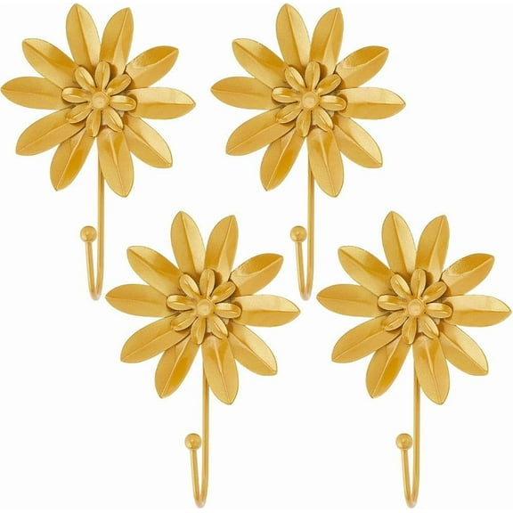 4Pcs Gold Flower Single Hooks Metal Iron Retro Wall Mounted Decoration 3D Floral Heavy Duty Room Farmhouse Boho Decorative Hook