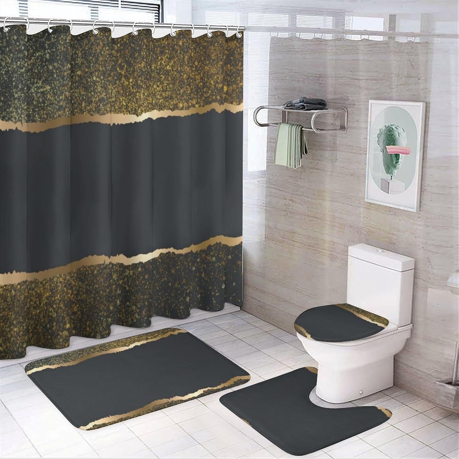 4Pcs Gold Metallic Shower Curtain Sets, Bathroom Set Decor with Non