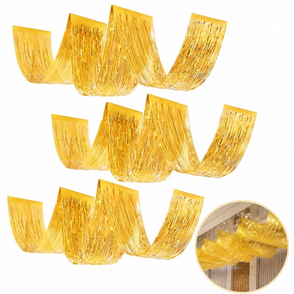 4Pcs Gold Metallic Wavy Ceiling Fringe Curtain, 13 Inch ×14.8 Ft PET Foil Hanging Streamers, Overhead Decor for Wedding, Birthday, Photo Booth & Holiday Party